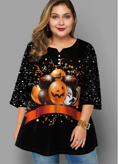 Rosewe Halloween Print Sequin Plus Size T Shirt - 1X