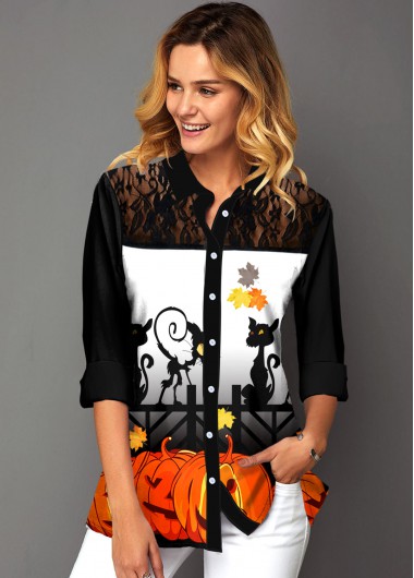 Rosewe Button Up Lace Panel Halloween Print Shirt - XS