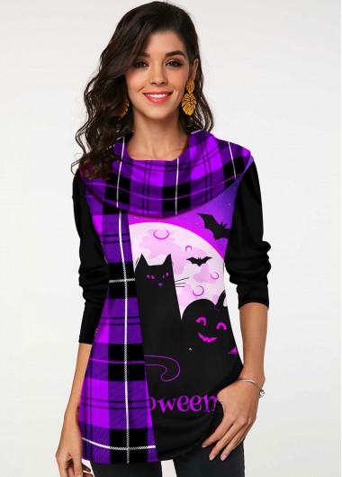Rosewe Plaid Long Sleeve Halloween Print Tunic Top - M