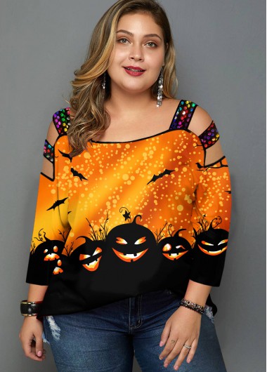 Rosewe Halloween Print Cold Shoulder Plus Size T Shirt - 3X