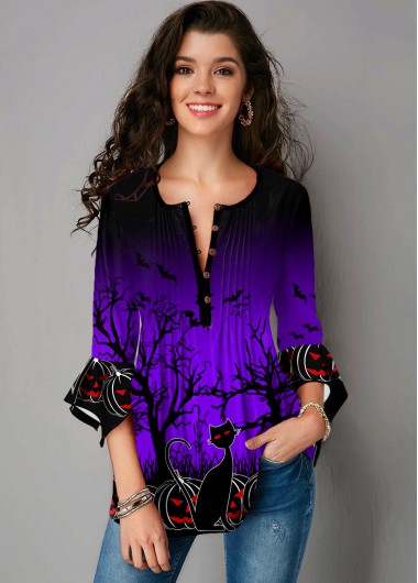 Rosewe Hanky Cuff Round Neck Halloween Print Blouse - XS