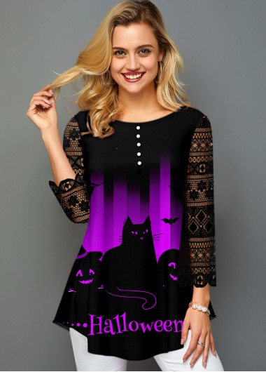 Rosewe Lace Panel Round Neck Halloween Print T Shirt - XS