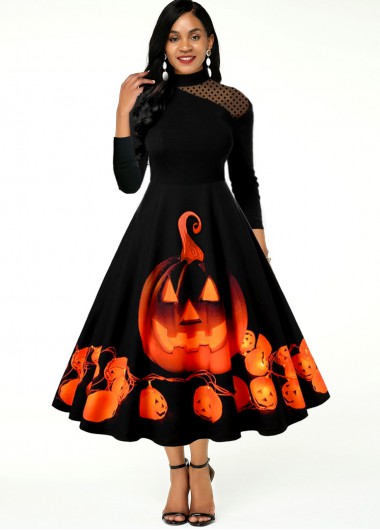 Rosewe Cocktail Party Dress Mesh Panel Long Sleeve Halloween Print Dress - XS