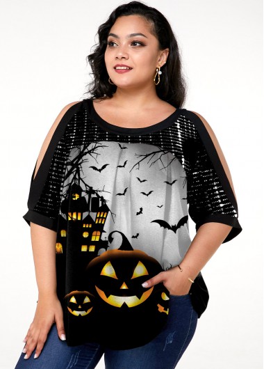 Rosewe Sequin Halloween Print Cold Shoulder Plus Size T Shirt - 1X