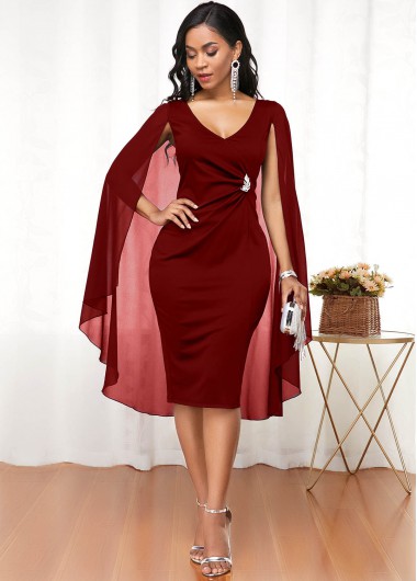 Rosewe Wedding Guest Dress Cape Shoulder V Neck Wine Red Dress - XXL