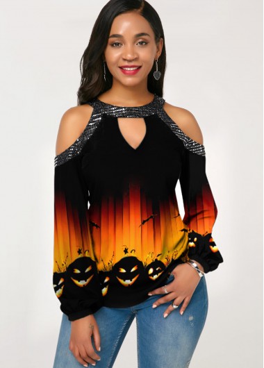 Halloween Women&apos;S Orange Printed Cold Shoulder Blouse Long Sleeve Cutout Neck Tunic Casual Top By Rosewe - XS