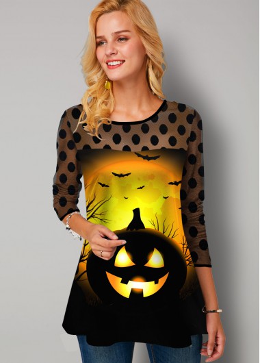 Rosewe Dot Mesh Panel Halloween Print T Shirt - S