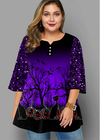Rosewe Halloween Print Sequin Plus Size T Shirt - 1X