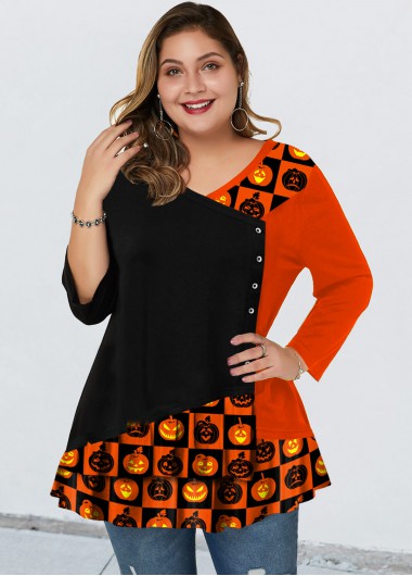 Rosewe Halloween Print Asymmetric Neck Plus Size T Shirt - 1X