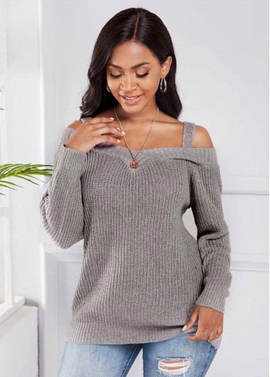 Rosewe Trendy Light Grey Cold Shoulder Long Sleeve Sweater - L