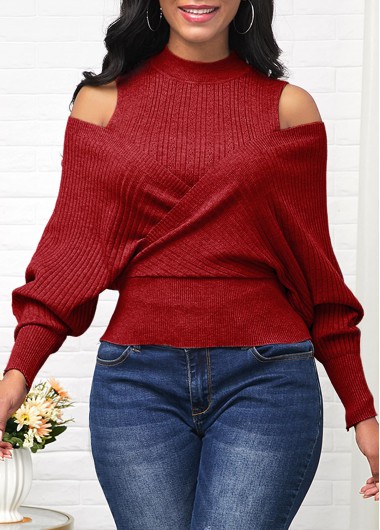 Rosewe Cold Shoulder Long Sleeve Wine Red Sweater - XL