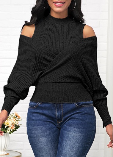 Rosewe Trendy Long Sleeve Cold Shoulder Black Sweater - L