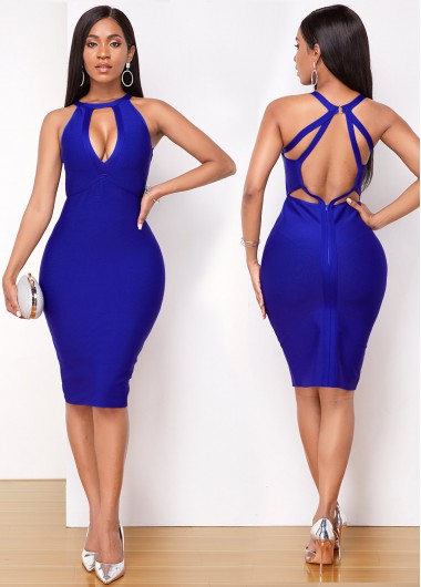Rosewe Women Royal Blue Sleeveless Strappy Back Bodycon Cocktail Party Dress Solid Color Cutout Front Sheath Knee Length Dress - S