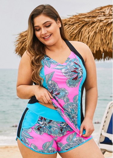 Rosewe Tribal Print Cross Strap Plus Size Tankini Set - 2X