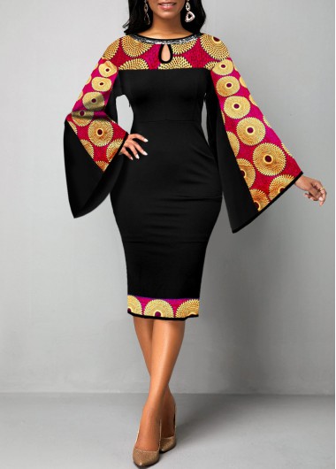 Rosewe Black Dresses Keyhole Neckline Tribal Print Flare Sleeve Dress - M