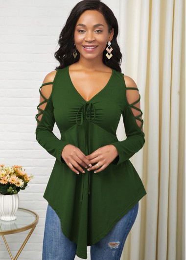 Rosewe Women Green Cold Shoulder Asymmertric Hem Center Shirred Tunic T Shirt Solid Color Long Sleeve Casual Top - M