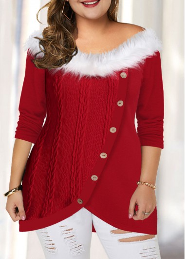 Women&apos;S Red Fur Collar Plus Size Tunic T Shirt Button Detail Asymmetric Hem Long Sleeve Casual Holiday Top By Rosewe - 2X