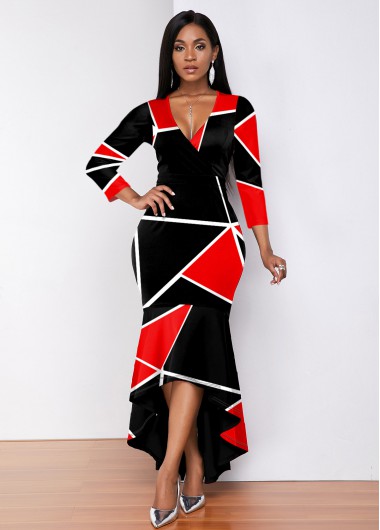 Rosewe Women Black And Red Plunging Neck High Low Sheath Cocktail Party Dress Color Block Geometric Printed Three Quarter Sleeve Elegant Maxi - S