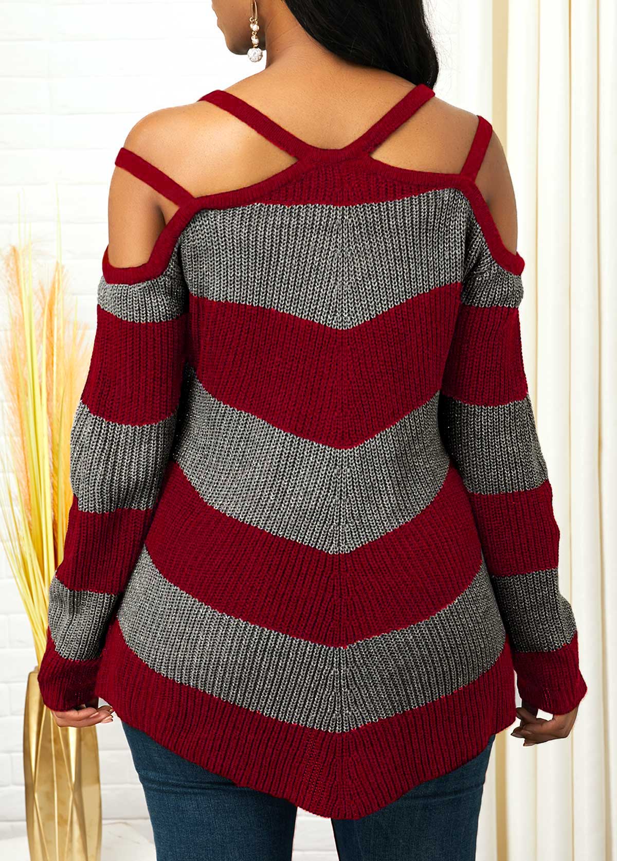 Striped Asymmetric Hem Cold Shoulder Sweater