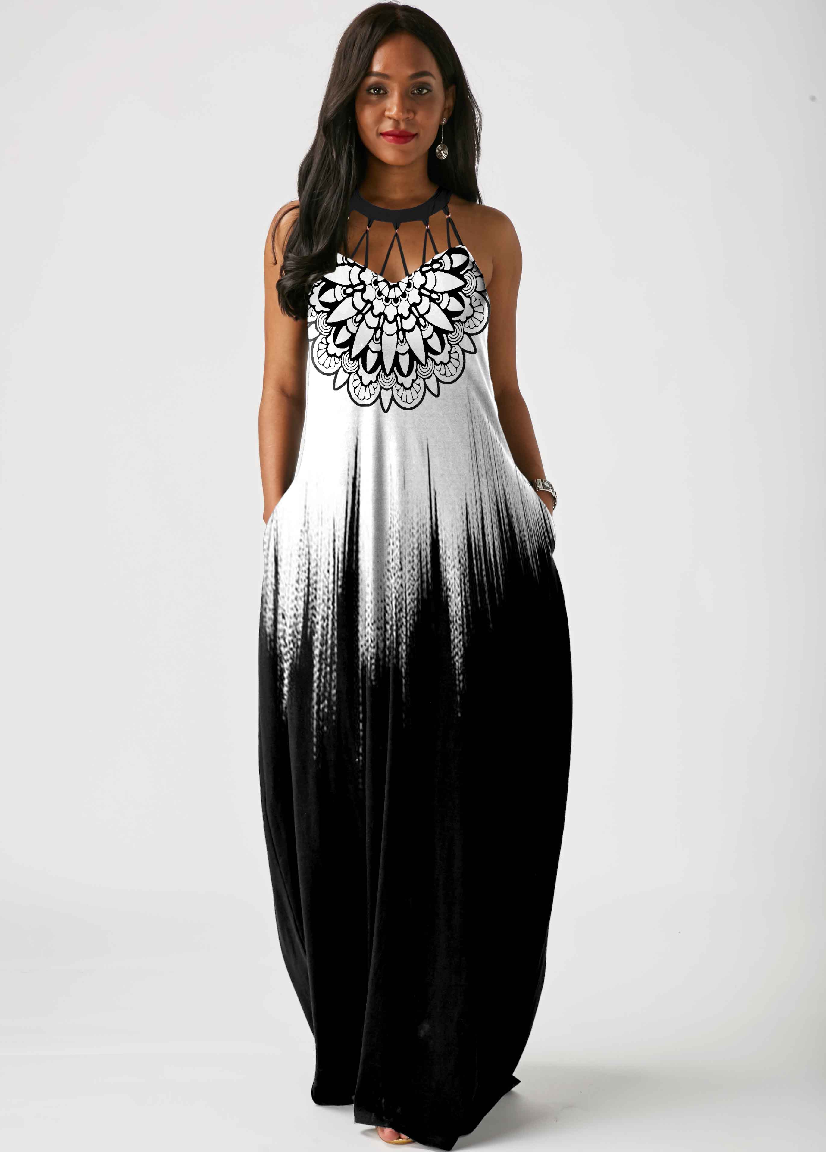 Pierced Tribal Print Sleeveless Maxi Dress | Rosewe.com - USD $34.77