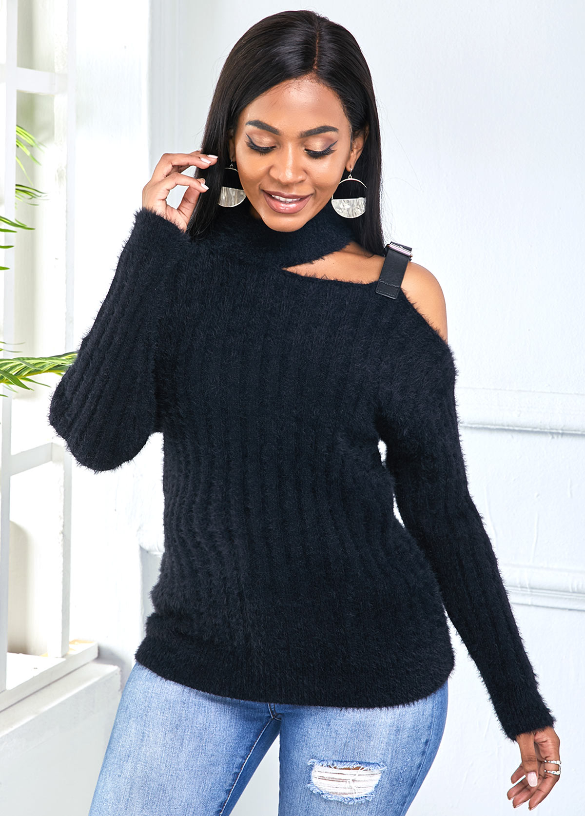 Long Sleeve One Cold Shoulder Buckle Detail Sweater