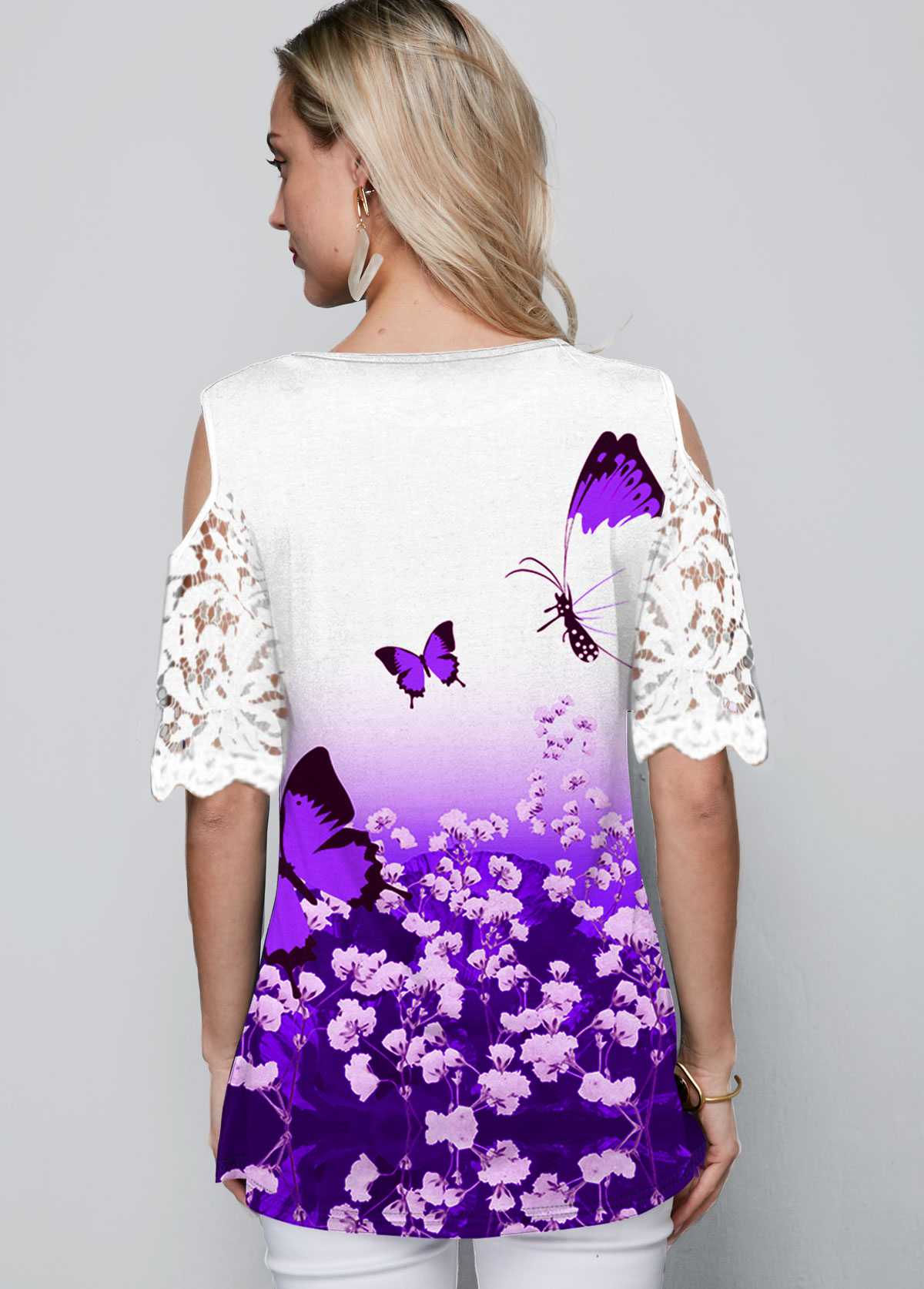 Cold Shoulder Lace Panel Ombre Butterfly Print T Shirt