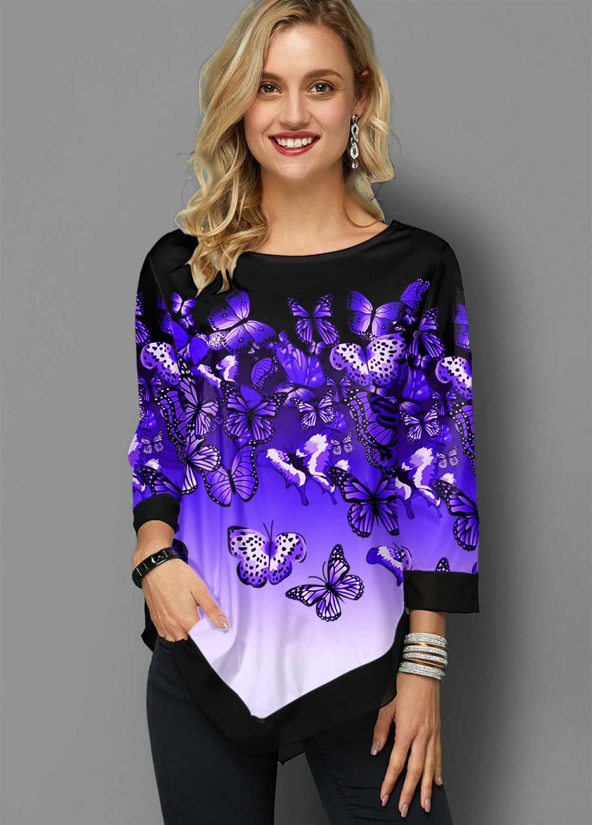 Butterfly Print Ombre Asymmetric Hem T Shirt