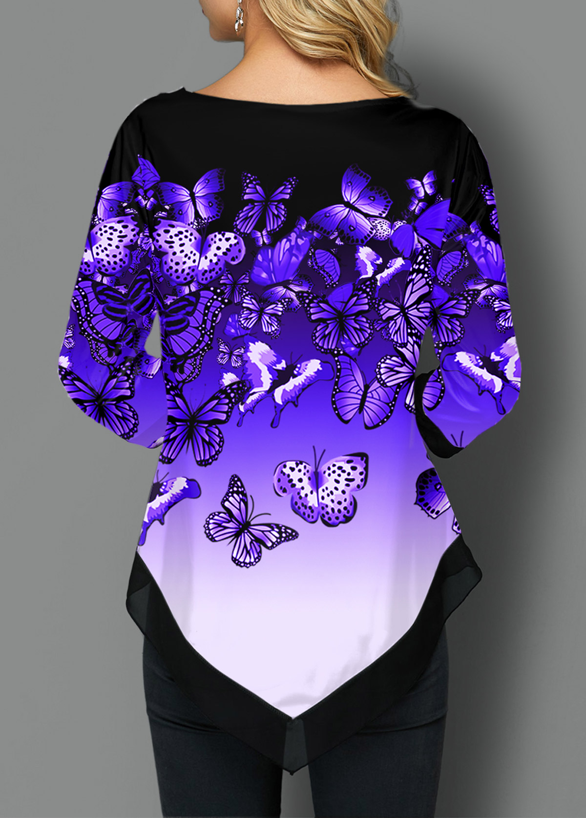 Butterfly Print Ombre Asymmetric Hem T Shirt