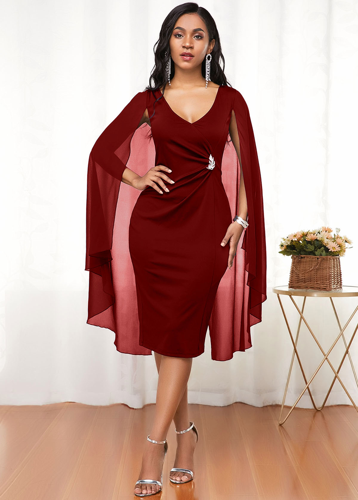 Cape Shoulder V Neck Wine Red Dress