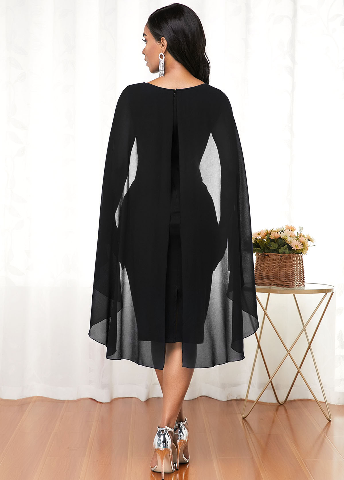 Cape Shoulder V Neck Black Dress