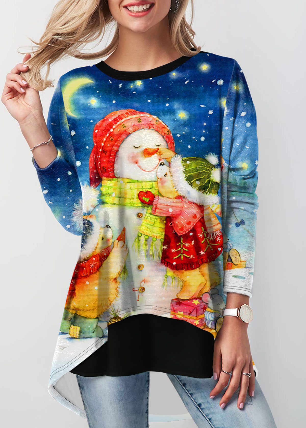 Christmas Snowman Print Round Neck Sweatshirt