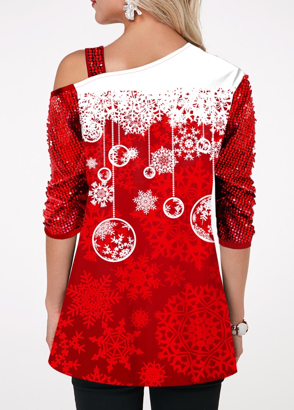 Cold Shoulder Sequin Sleeve Christmas Snowflake Print T Shirt