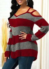 Striped Asymmetric Hem Cold Shoulder Sweater
