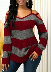 Striped Asymmetric Hem Cold Shoulder Sweater