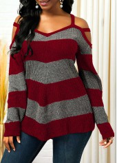 Striped Asymmetric Hem Cold Shoulder Sweater