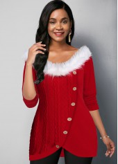 Tulip Hem Inclined Button Fur Collar T Shirt