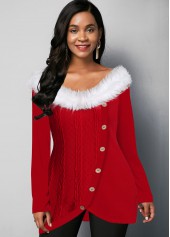 Tulip Hem Inclined Button Fur Collar T Shirt