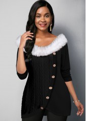 Inclined Button Fur Collar Tulip Hem T Shirt