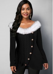 Inclined Button Fur Collar Tulip Hem T Shirt