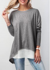 Button Back Contrast Round Neck T Shirt