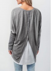 Button Back Contrast Round Neck T Shirt