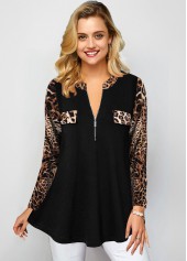 Quarter Zip Long Sleeve Leopard Blouse
