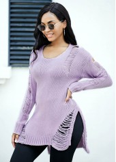 Asymmetric Hem Draped Fringe Long Sleeve Sweater