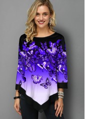 Butterfly Print Ombre Asymmetric Hem T Shirt