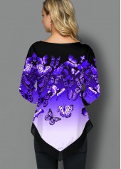 Butterfly Print Ombre Asymmetric Hem T Shirt