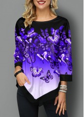 Butterfly Print Ombre Asymmetric Hem T Shirt