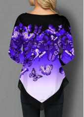 Butterfly Print Ombre Asymmetric Hem T Shirt