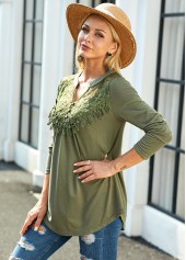 Long Sleeve Lace Panel Split Neck Blouse