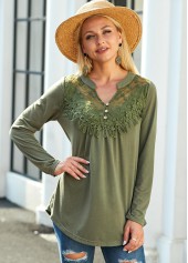 Long Sleeve Lace Panel Split Neck Blouse