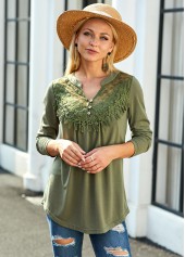 Long Sleeve Lace Panel Split Neck Blouse